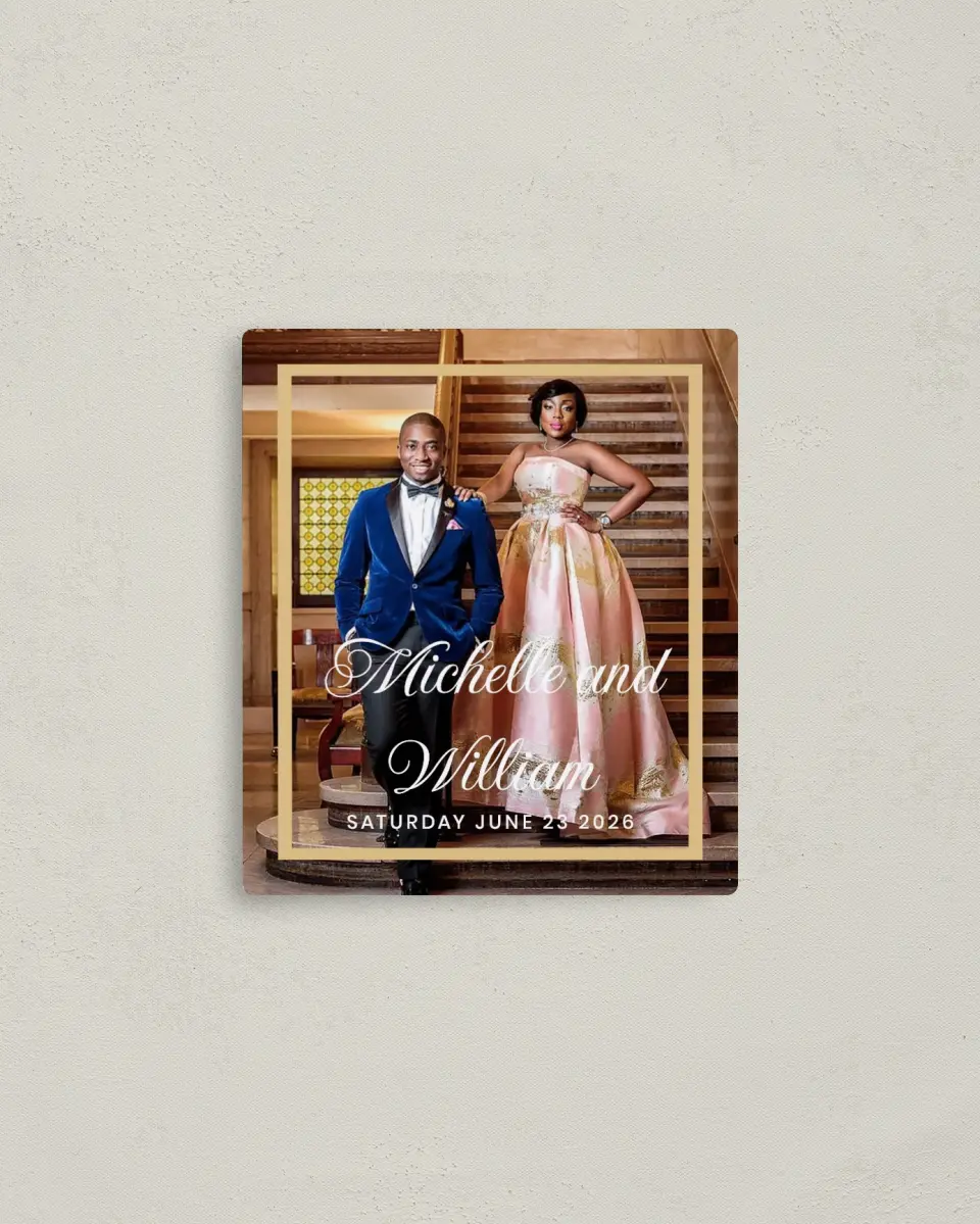 This is a 3½" x 4" Save the Date Magnet called Gilded Opulence printed in full color with Rose Gold foil and a Luxe Satin finish