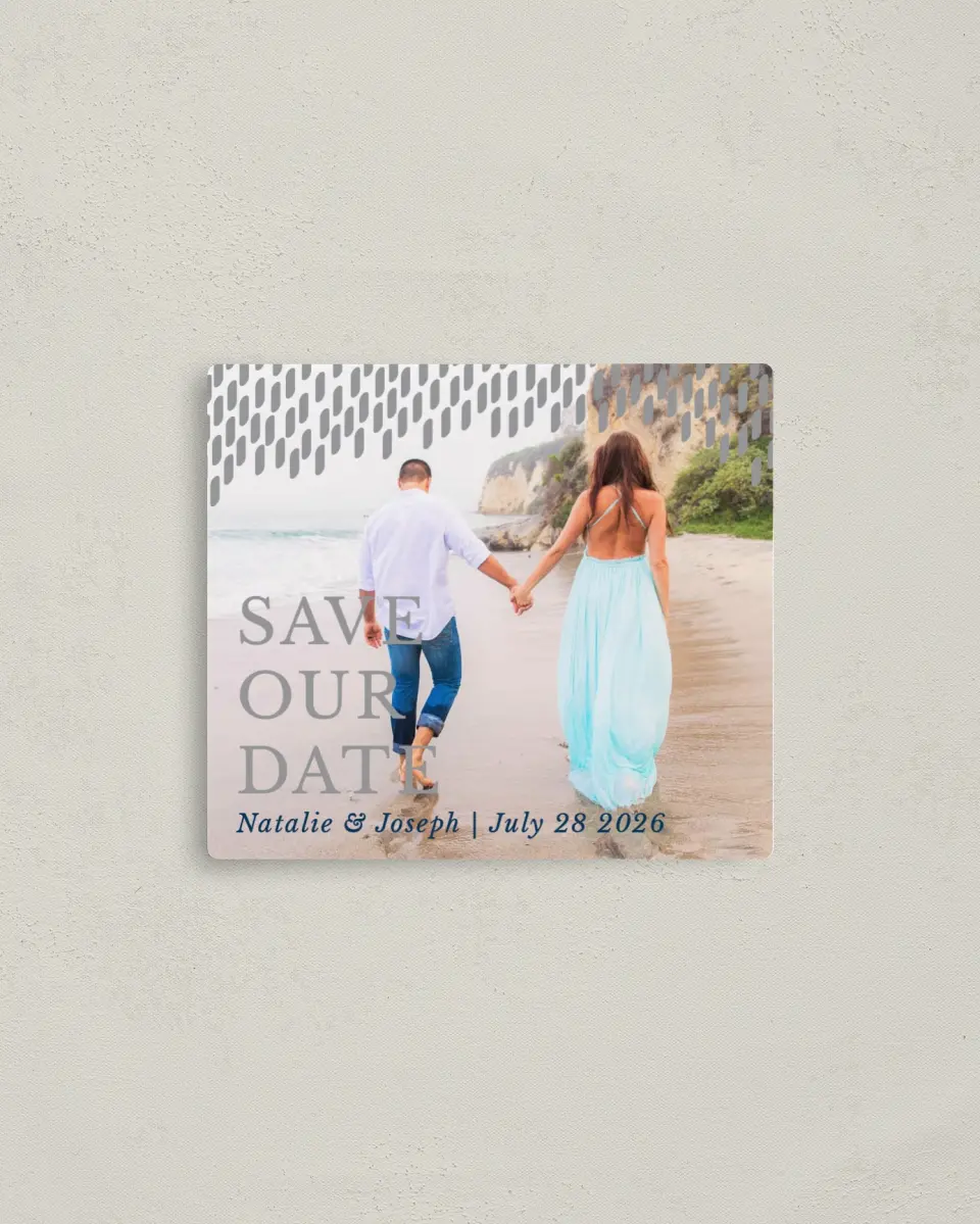 This is a 3½" x 4" Save the Date Magnet called Modern Dash printed in full color with Silver foil and a Luxe Satin finish