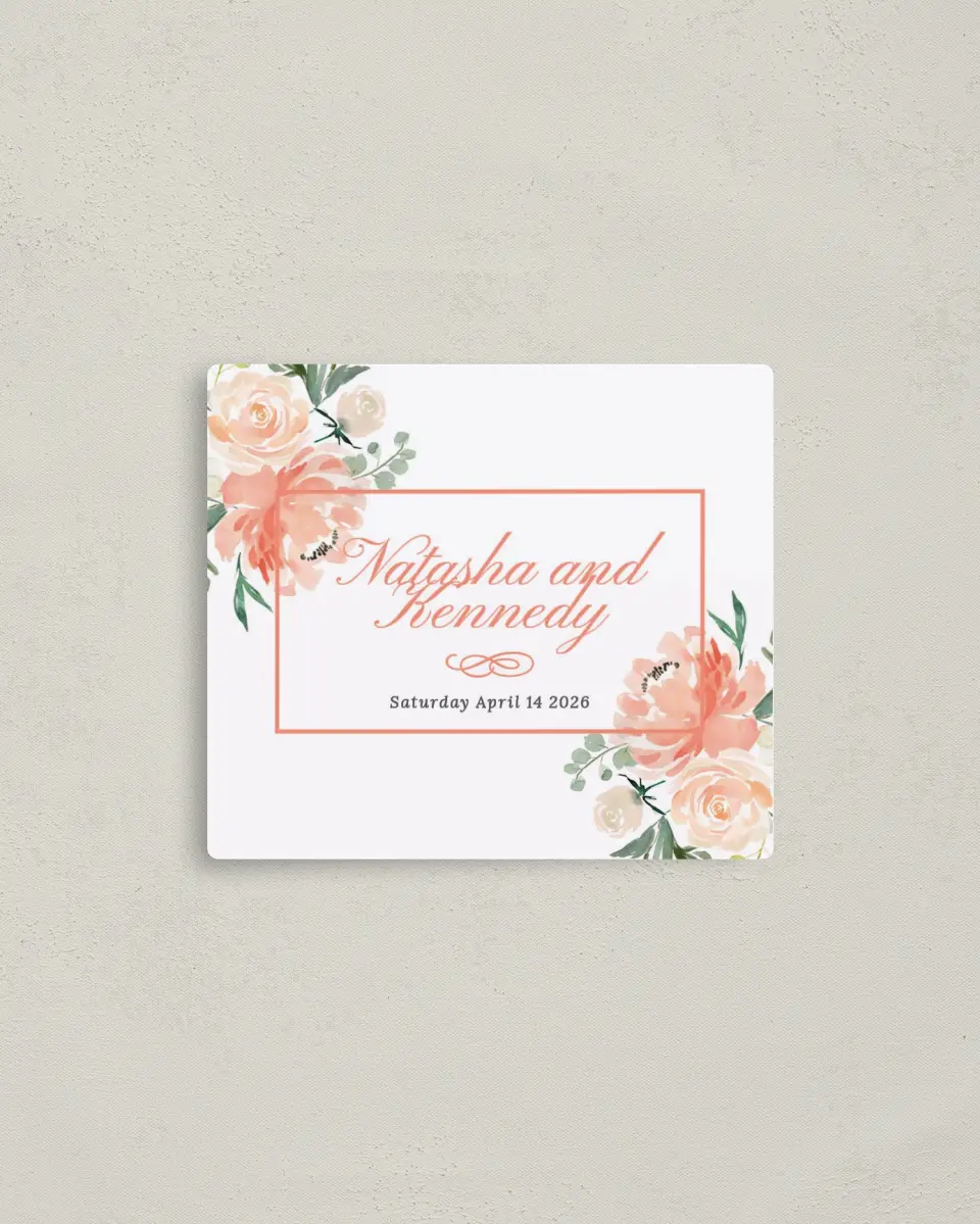 This is a 3½" x 4" Save the Date Magnet called Luxe Floral printed in full color with a Luxe Satin finish