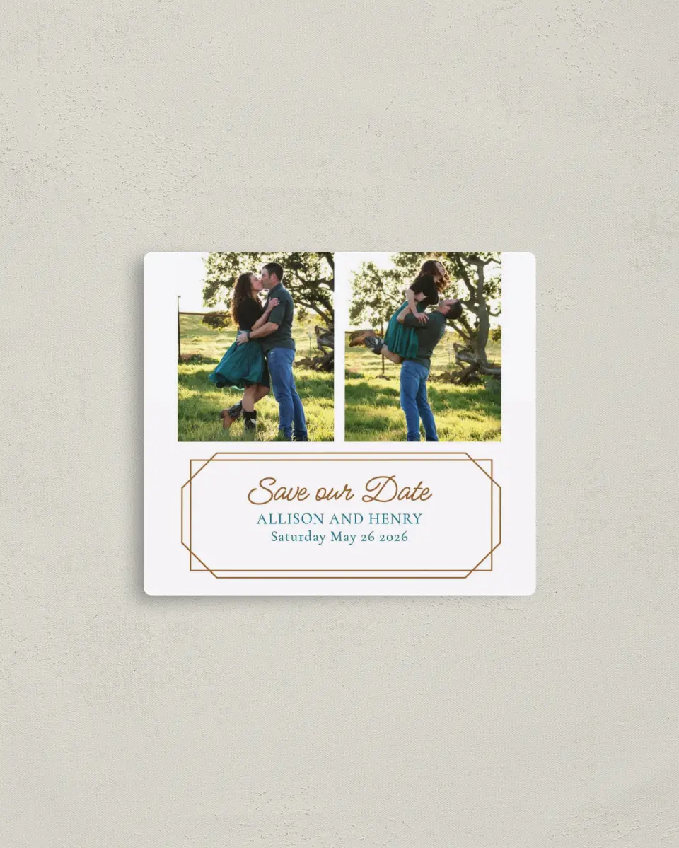This is a 3½" x 4" Save the Date Magnet called Gorgeously Geo printed in full color with a Luxe Satin finish