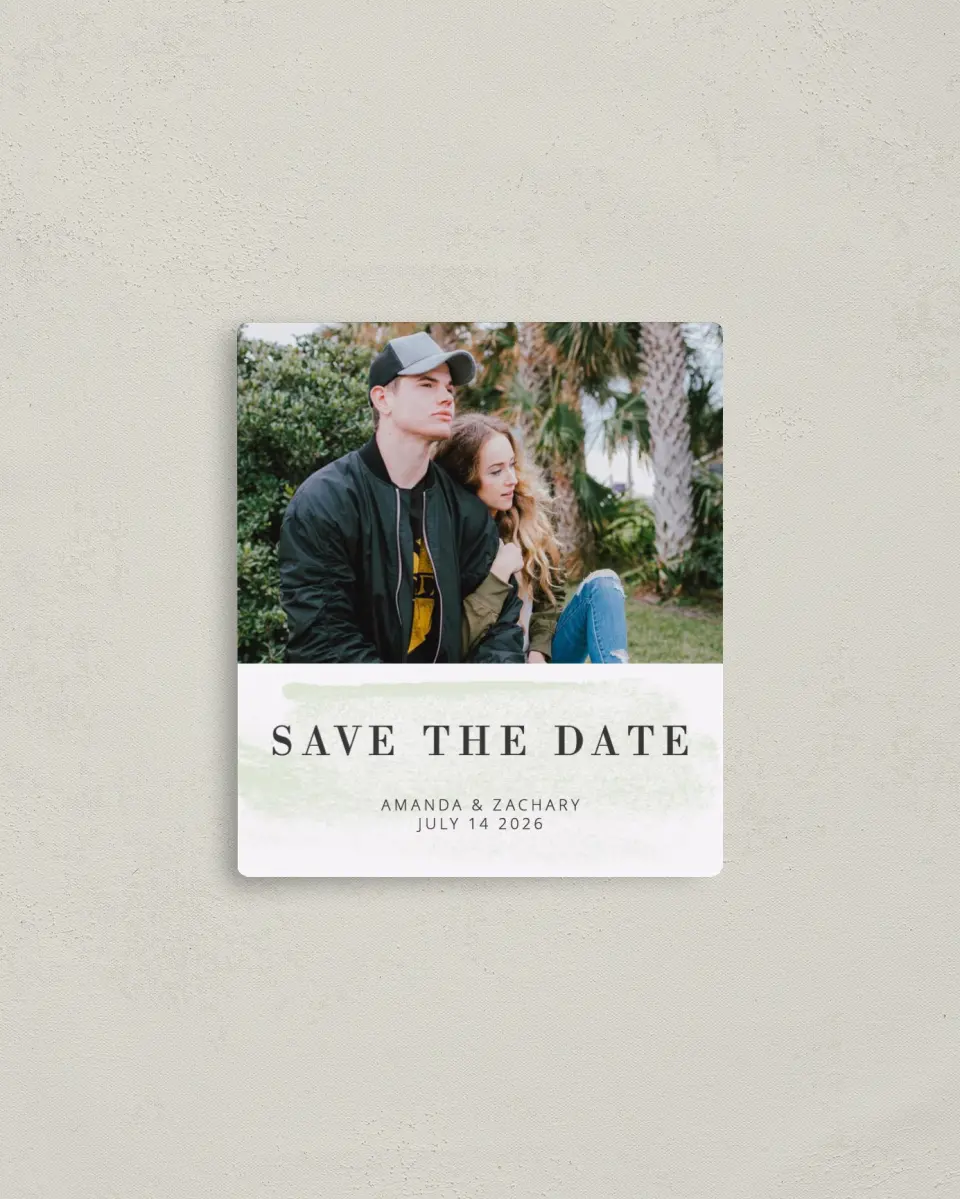 This is a 3½" x 4" Save the Date Magnet called Tranquil Twinkle printed in full color with Rose Gold foil and a Luxe Satin finish