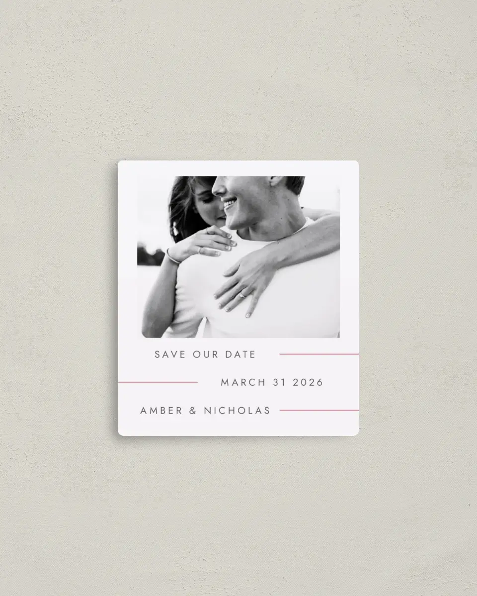This is a 3½" x 4" Save the Date Magnet called Glowing Tracks printed in full color with a Luxe Satin finish