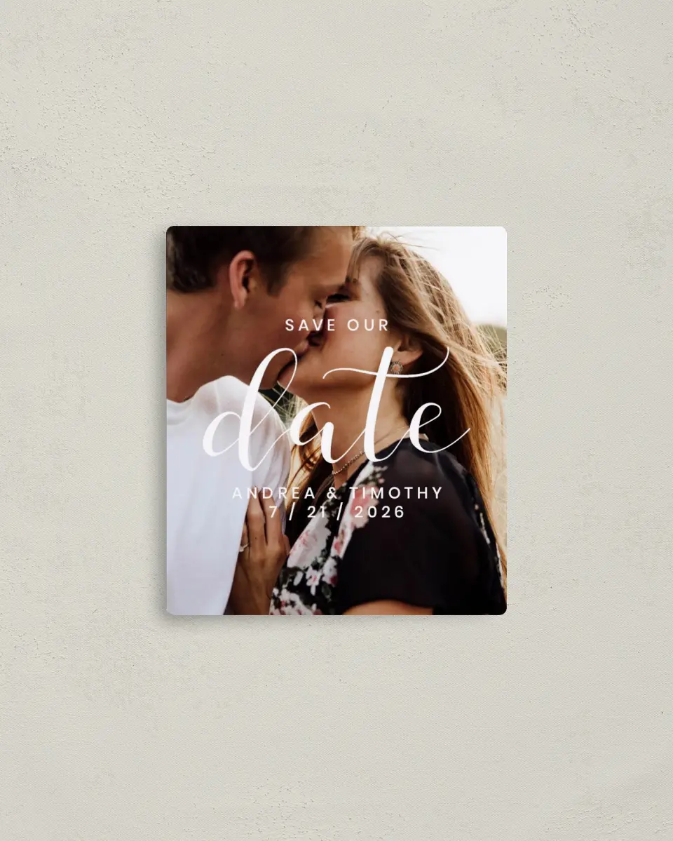 This is a 3½" x 4" Save the Date Magnet called Modern Moments printed in full color with Rose Gold foil and a Luxe Satin finish