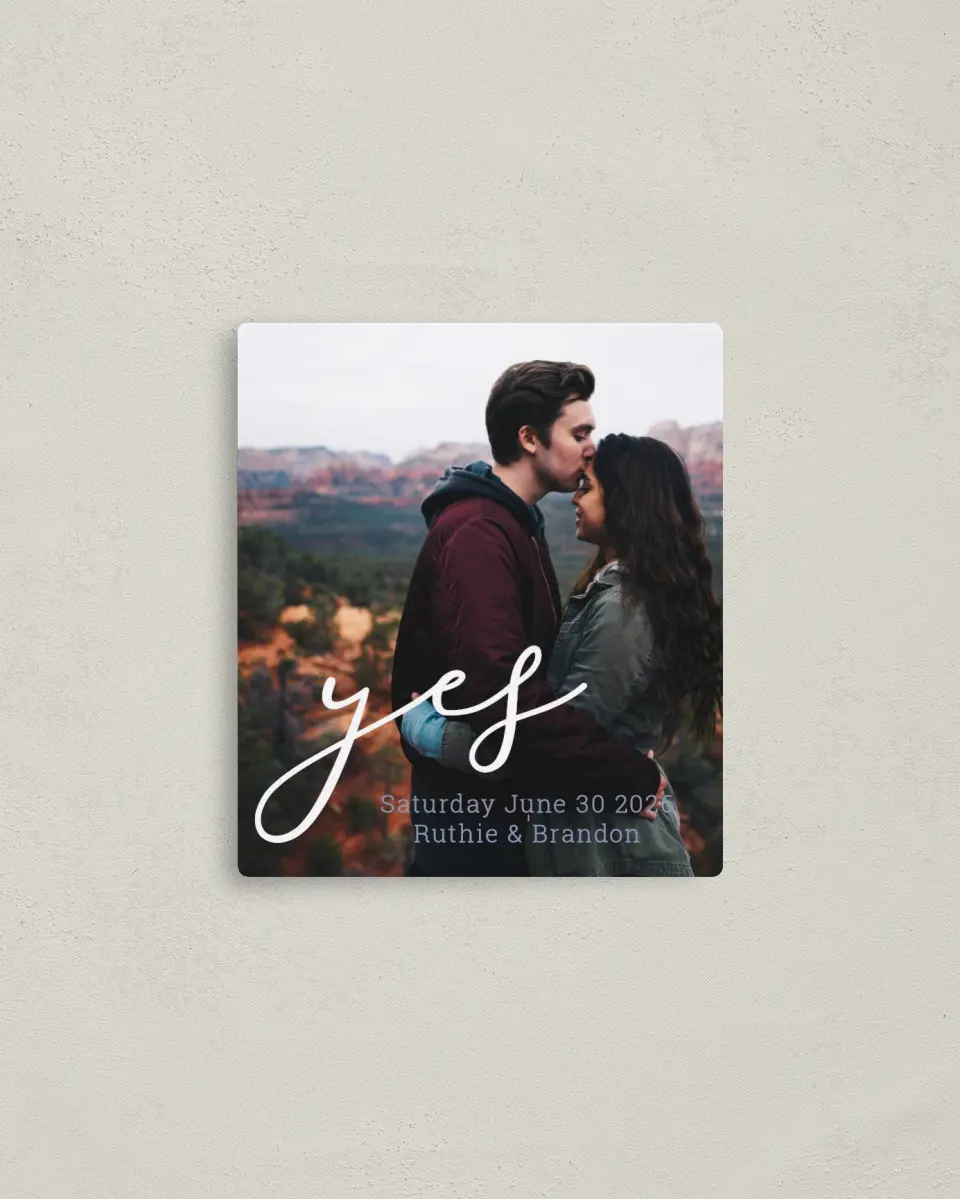 This is a 3½" x 4" Save the Date Magnet called My Answer printed in full color with a Luxe Satin finish