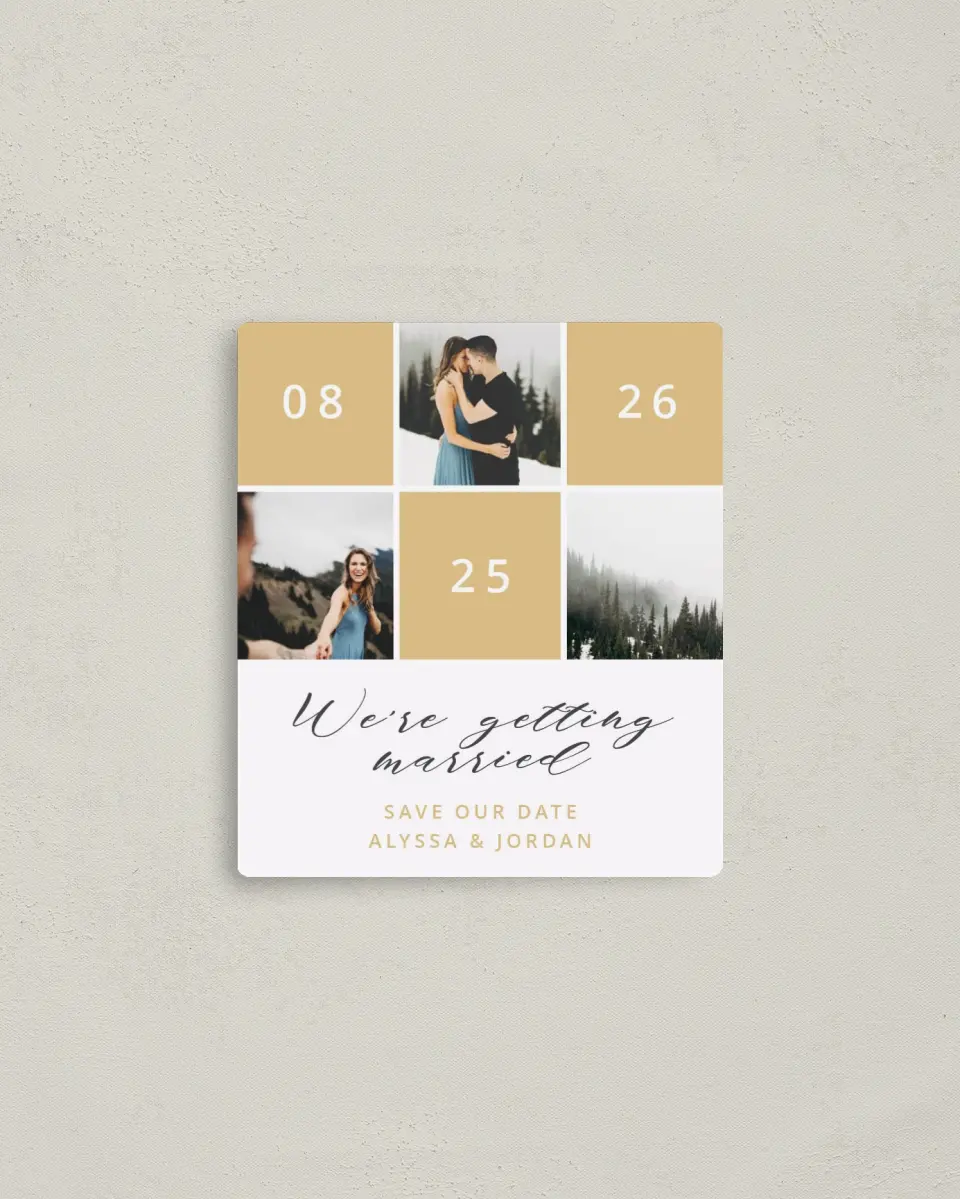 This is a 3½" x 4" Save the Date Magnet called Photo Patchwork printed in full color with a Luxe Satin finish