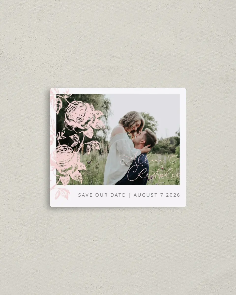 This is a 3½" x 4" Save the Date Magnet called Stamped Elegance printed in full color with Rose Gold foil and a Luxe Satin finish