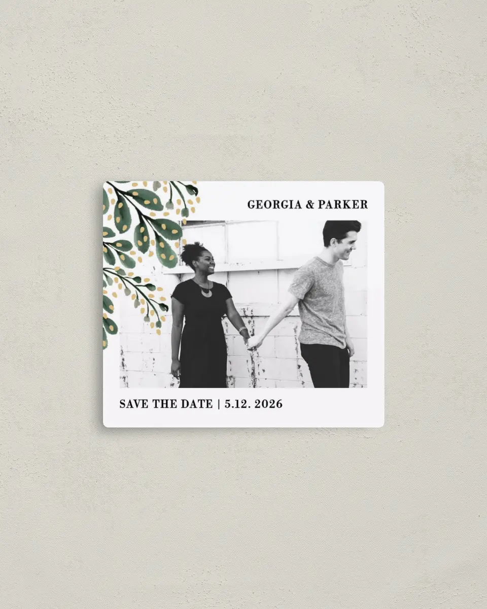 This is a 3½" x 4" Save the Date Magnet called Gilded Laurels printed in full color with a Luxe Satin finish