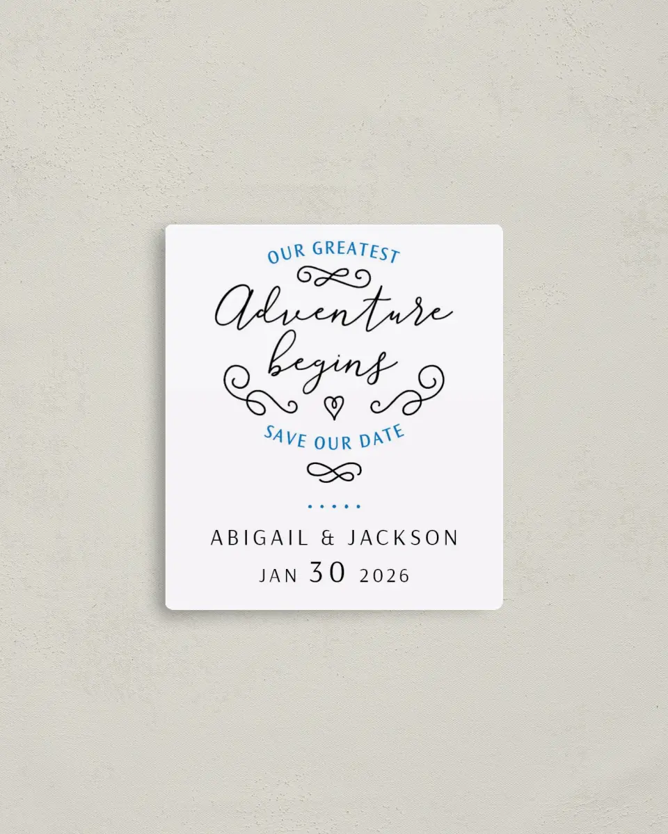 This is a 3½" x 4" Save the Date Magnet called Greatest Adventure printed in full color with a Luxe Satin finish