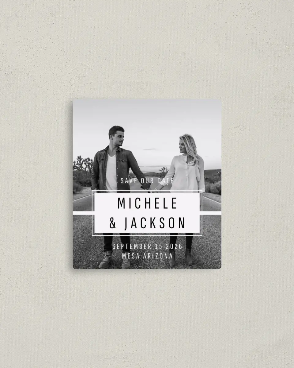 This is a 3½" x 4" Save the Date Magnet called We Can't Wait printed in full color with a Luxe Satin finish