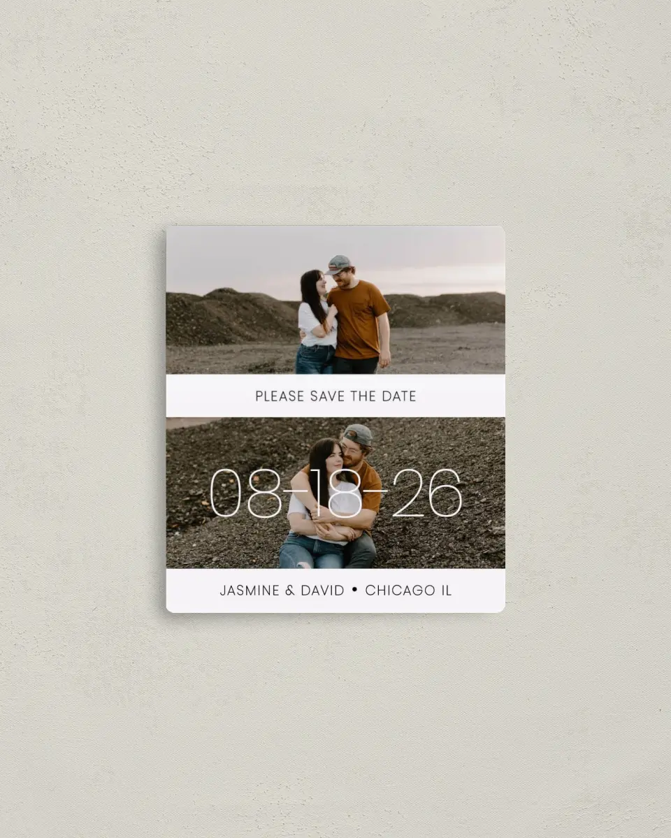 This is a 3½" x 4" Save the Date Magnet called Splendid Stripes printed in full color with a Luxe Satin finish