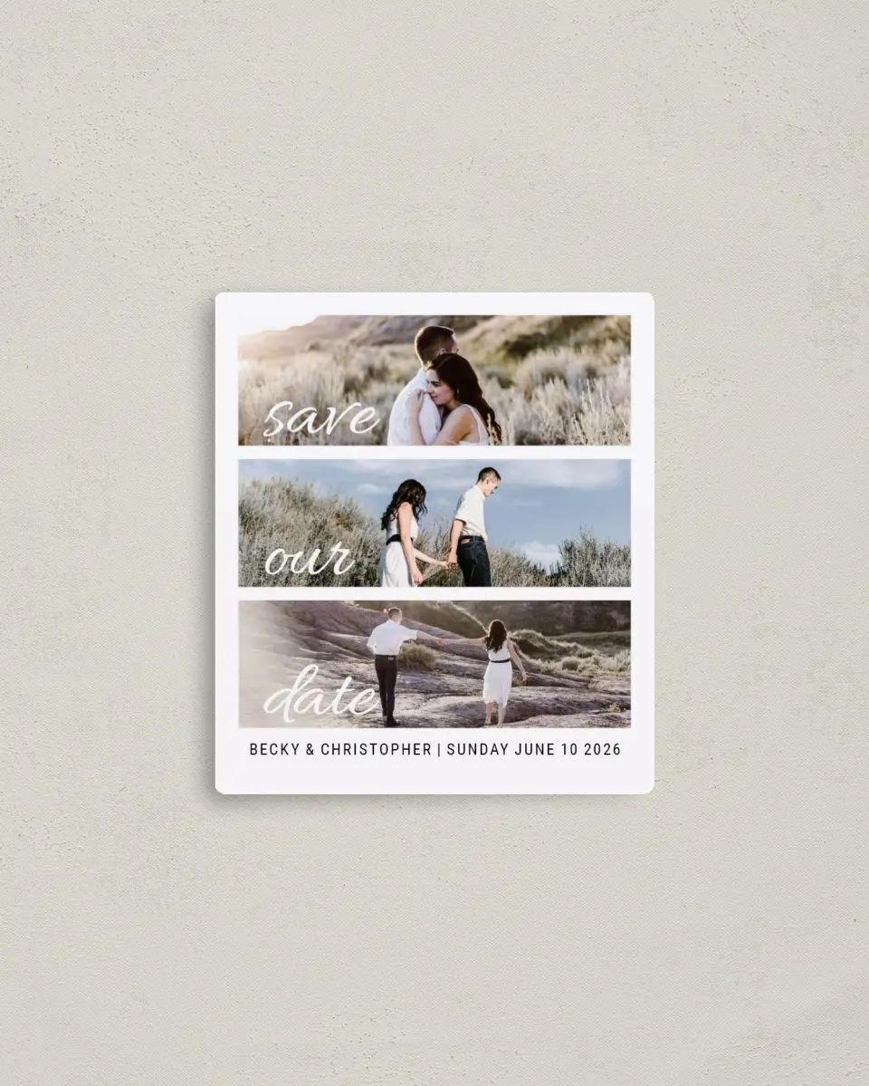 This is a 3½" x 4" Save the Date Magnet called Tranquil Trio printed in full color with a Luxe Satin finish