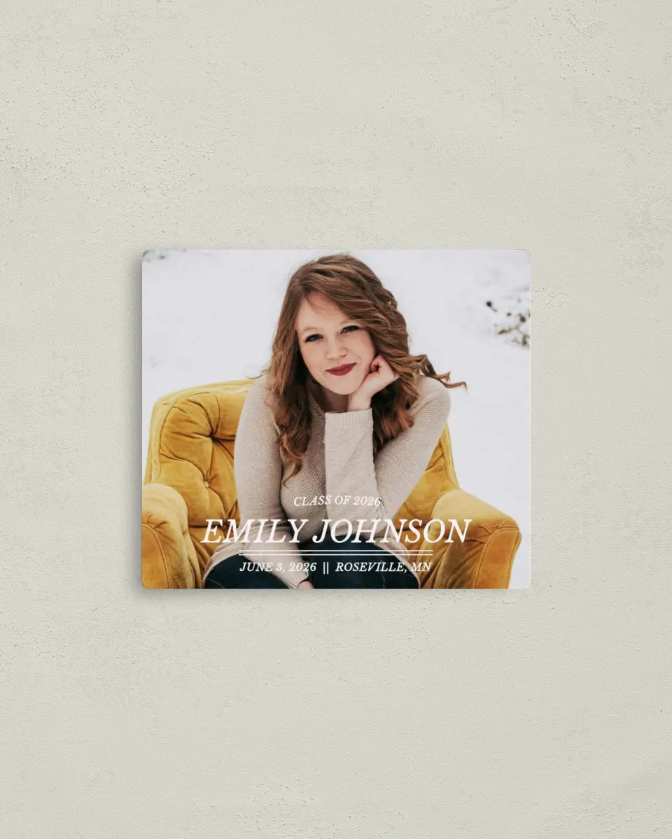 This is a 3½" x 4" Graduation Announcement Magnet called Savvy Success printed in full color with a Luxe Satin finish
