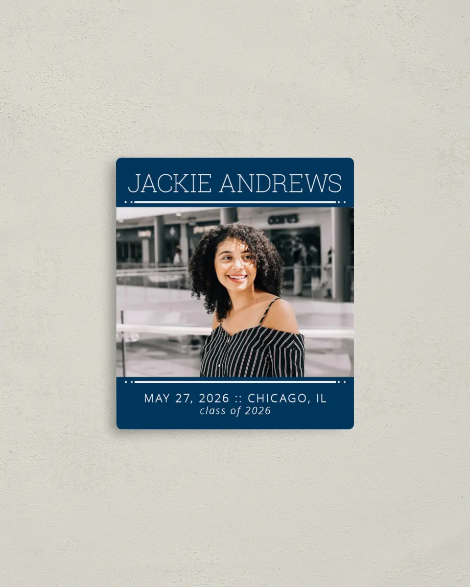 This is a 3½" x 4" Graduation Announcement Magnet called Charmed Success printed in full color with a Luxe Satin finish