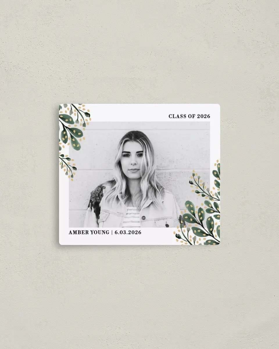 This is a 3½" x 4" Graduation Announcement Magnet called Shining Laurels printed in full color with a Luxe Satin finish