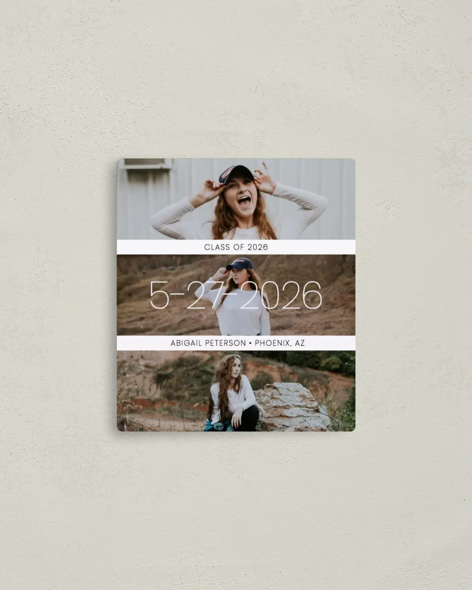 This is a 3½" x 4" Graduation Announcement Magnet called Triumphant Trio printed in full color with a Luxe Satin finish