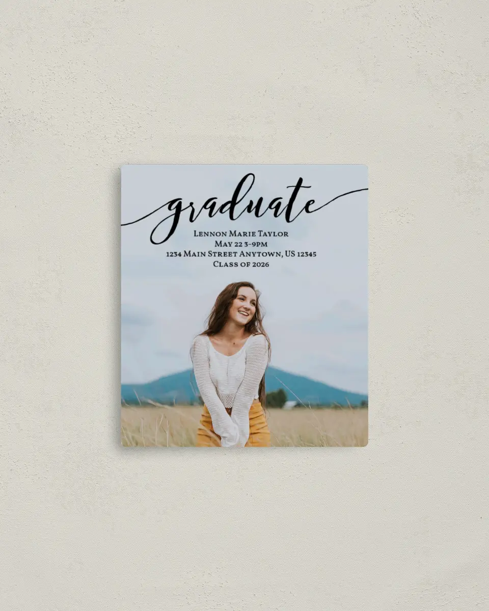 This is a 3½" x 4" Graduation Announcement Magnet called Scripted Graduate printed in full color with a Luxe Satin finish