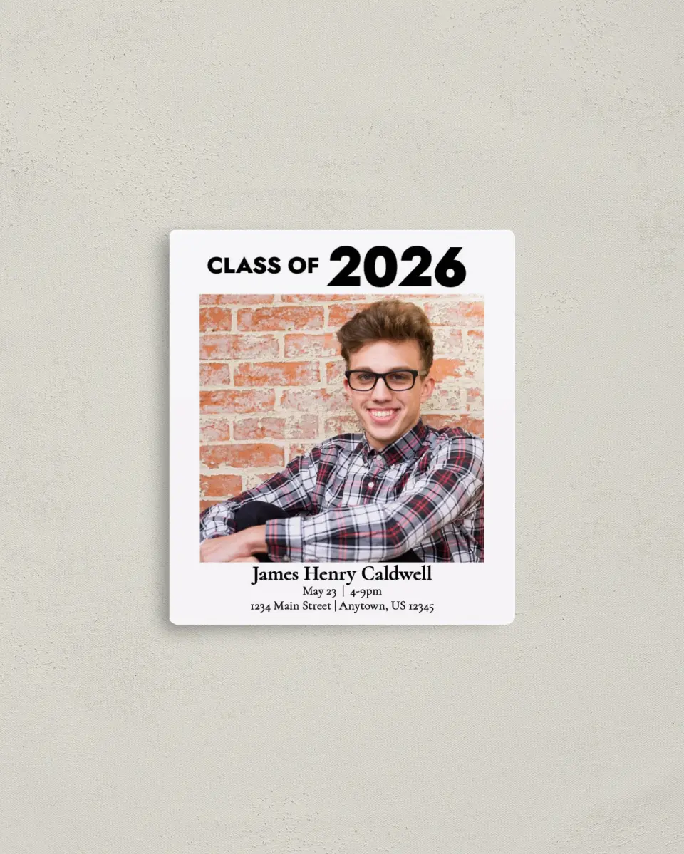 This is a 3½" x 4" Graduation Announcement Magnet called Classy Grad Gallery printed in full color with a Luxe Satin finish