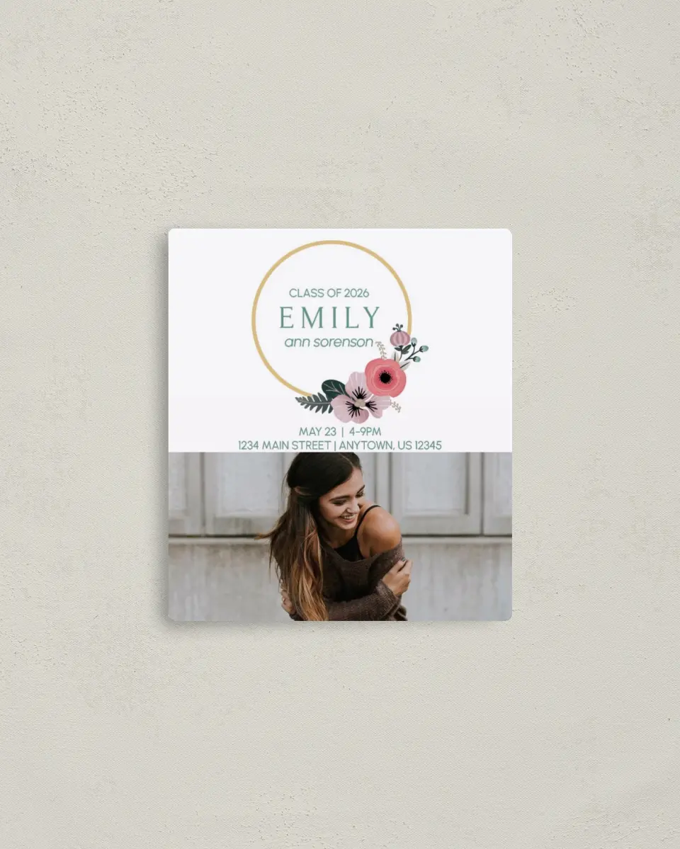 This is a 3½" x 4" Graduation Announcement Magnet called Bespoke Wreath printed in full color with a Luxe Satin finish
