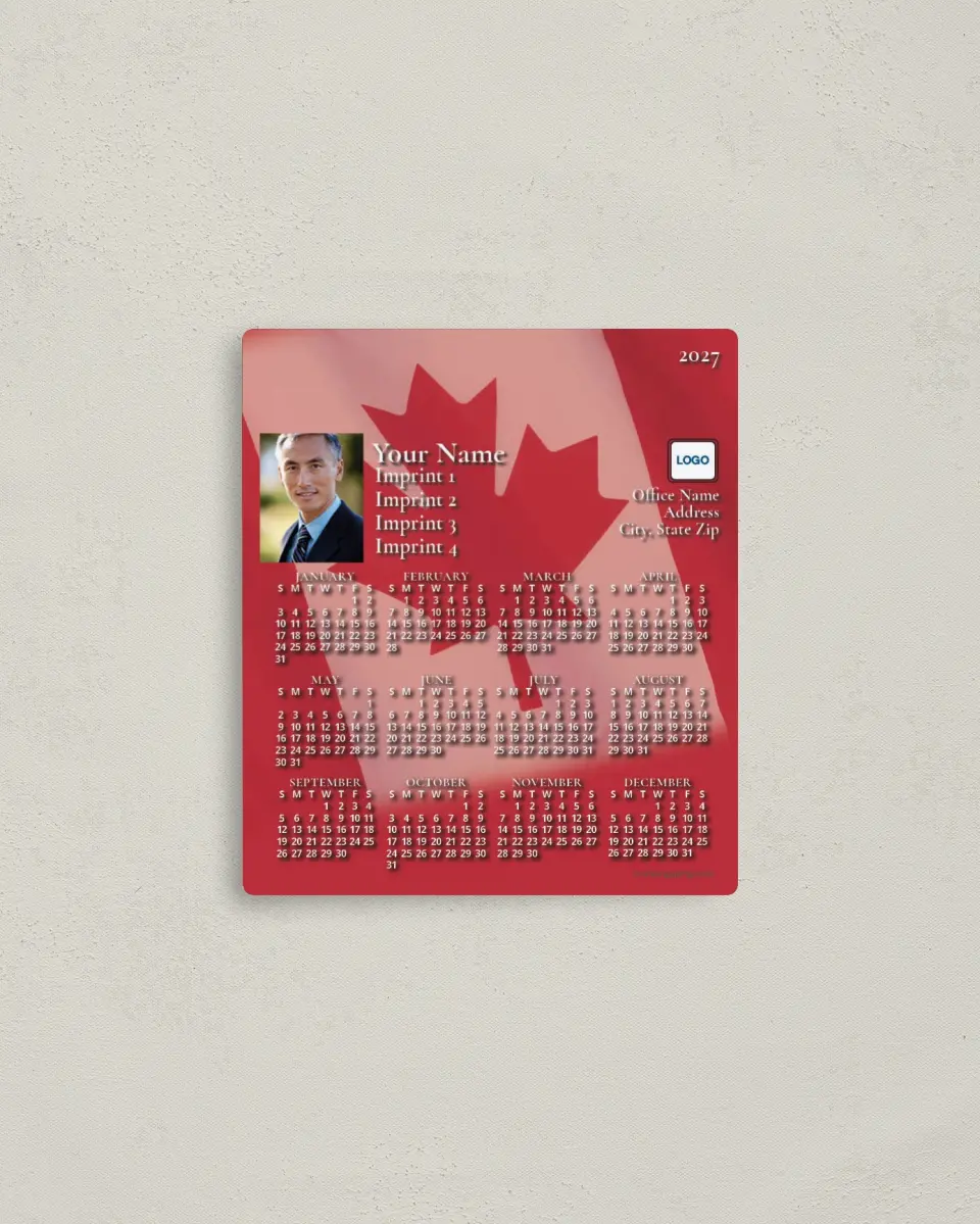 This is a 3½" x 4" Full Magnet Calendar called Canadian Flag Background printed in full color with a Standard Gloss finish