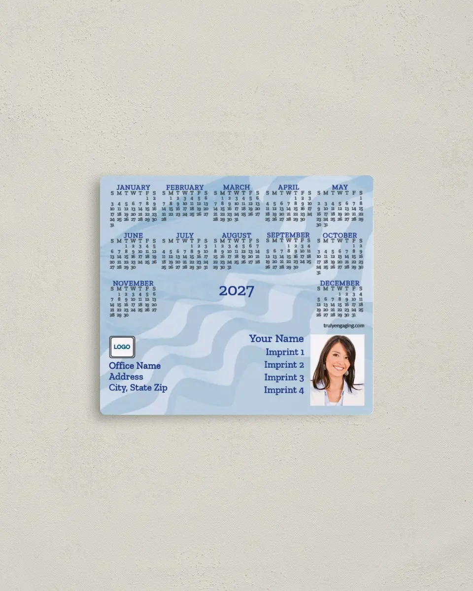 This is a 3½" x 4" Full Magnet Calendar called American Flag Background, Blue Fade printed in full color with a Standard Gloss finish