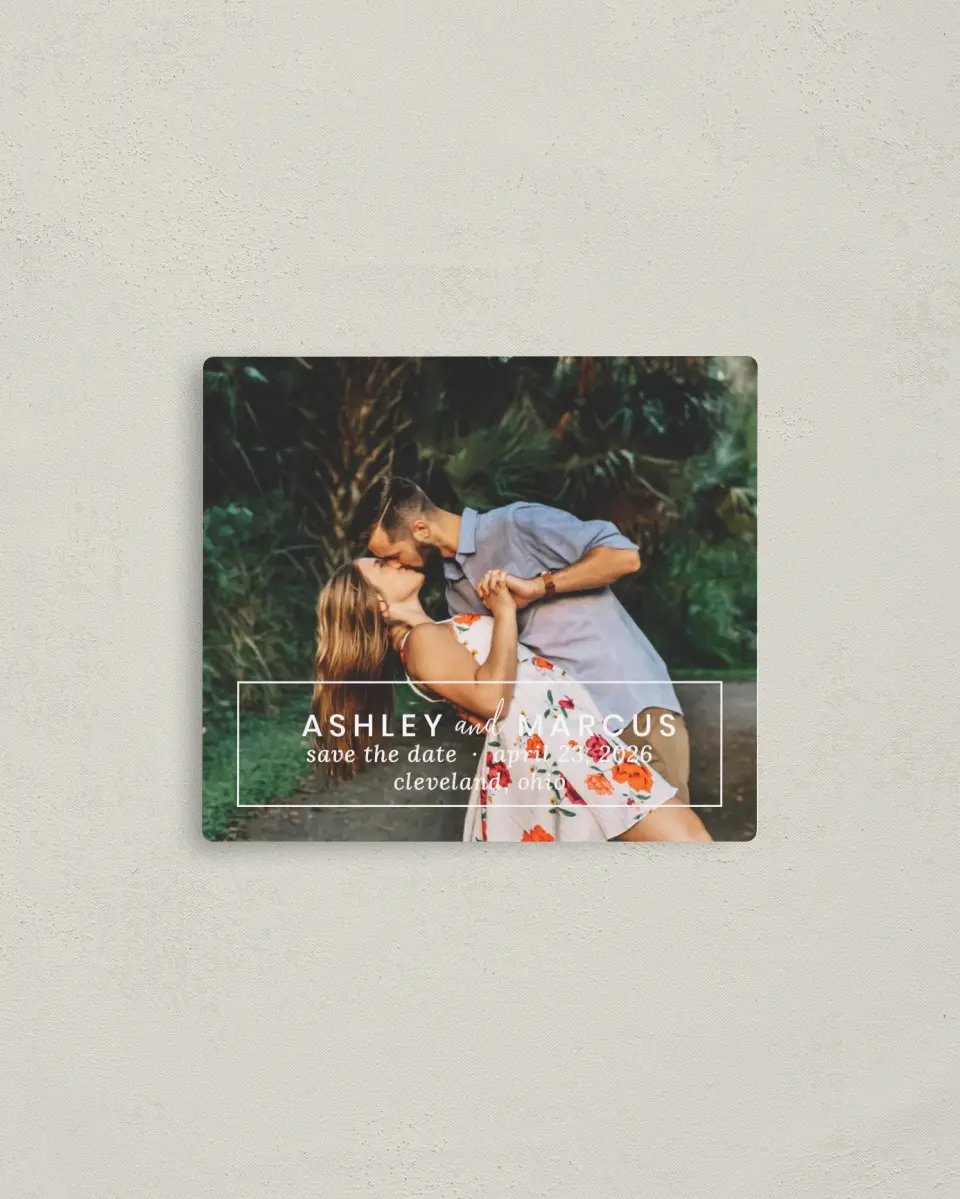 This is a 3½" x 4" Save the Date Magnet called Names Framed printed in full color with a Luxe Satin finish
