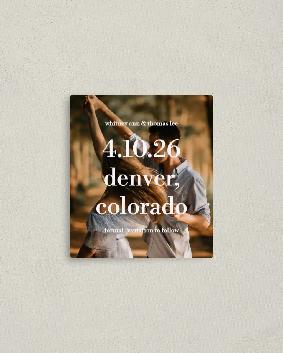 This is a 3½" x 4" Save the Date Magnet called Date + Place printed in full color with Rose Gold foil and a Luxe Satin finish