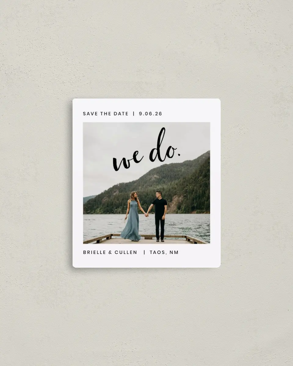 This is a 3½" x 4" Save the Date Magnet called Written printed in full color with a Luxe Satin finish