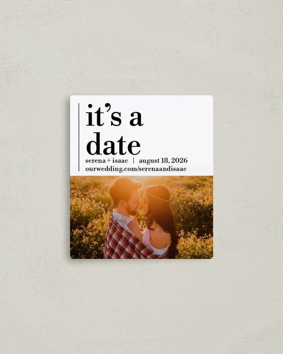This is a 3½" x 4" Save the Date Magnet called Simple Truth printed in full color with a Luxe Satin finish