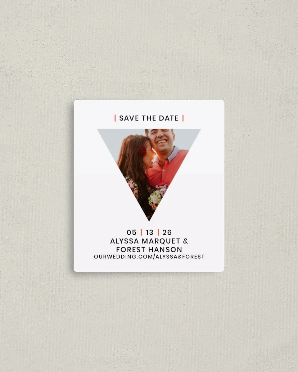 This is a 3½" x 4" Save the Date Magnet called Triangle Crush printed in full color with a Luxe Satin finish