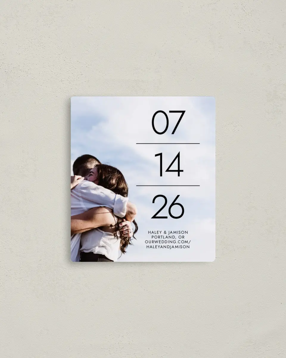 This is a 3½" x 4" Save the Date Magnet called In the Lines printed in full color with a Luxe Satin finish