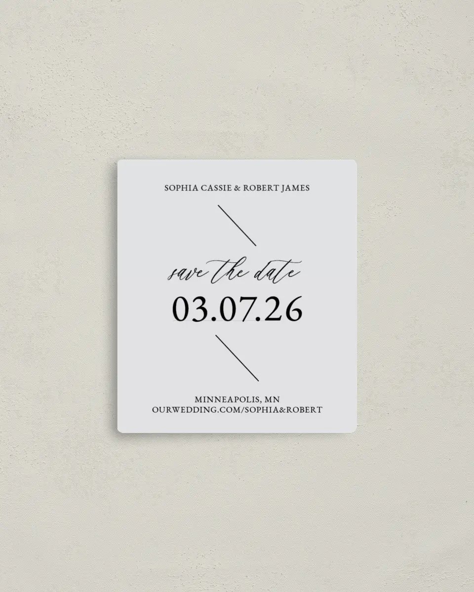 This is a 3½" x 4" Save the Date Magnet called Magical Love printed in full color with Rose Gold foil and a Luxe Satin finish