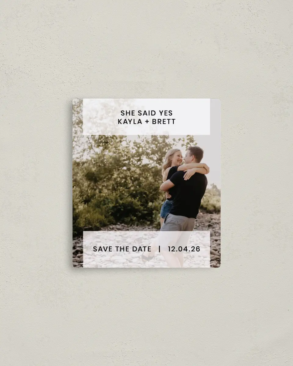 This is a 3½" x 4" Save the Date Magnet called Carried Away printed in full color with a Luxe Satin finish