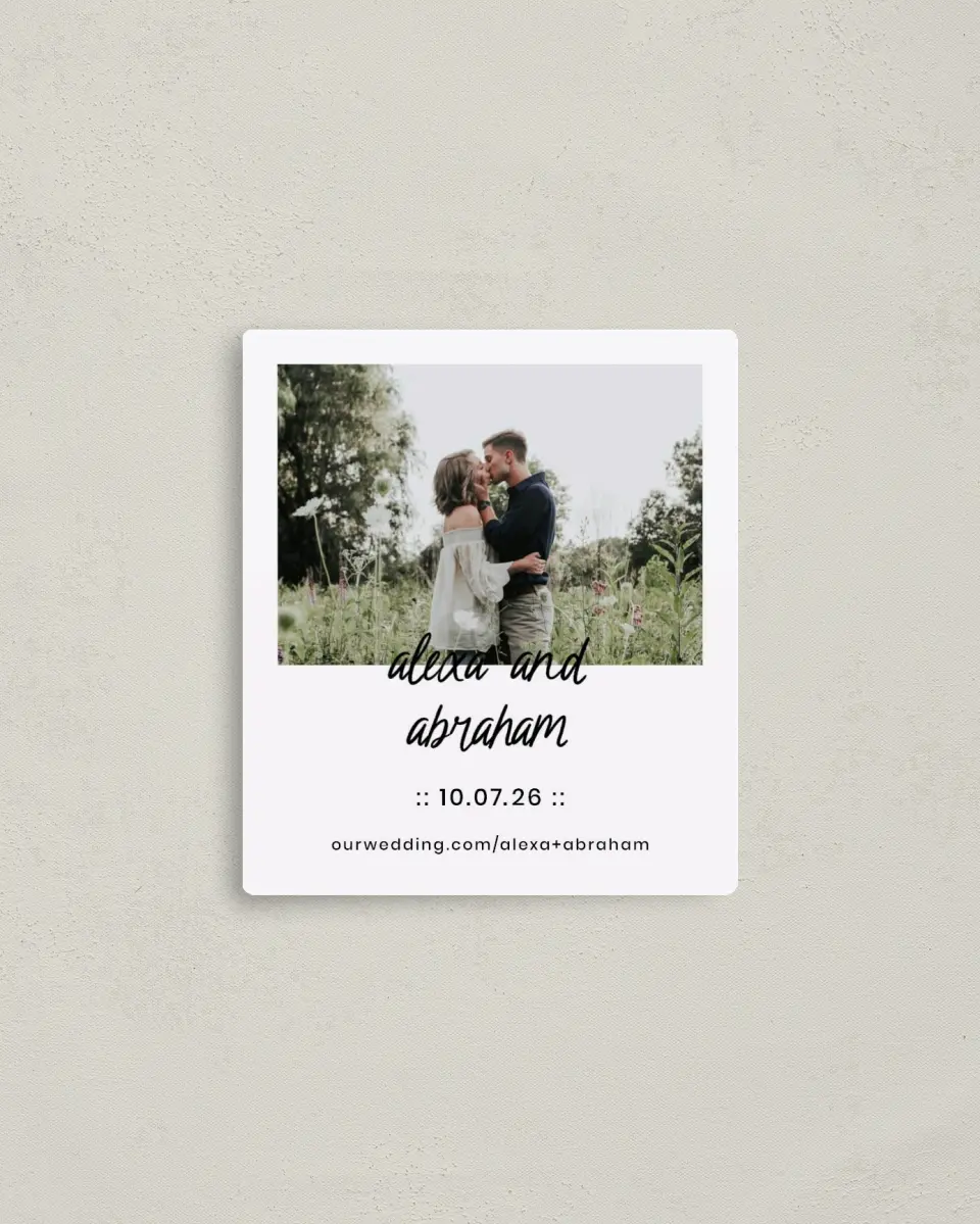 This is a 3½" x 4" Save the Date Magnet called Simple Things printed in full color with Rose Gold foil and a Luxe Satin finish