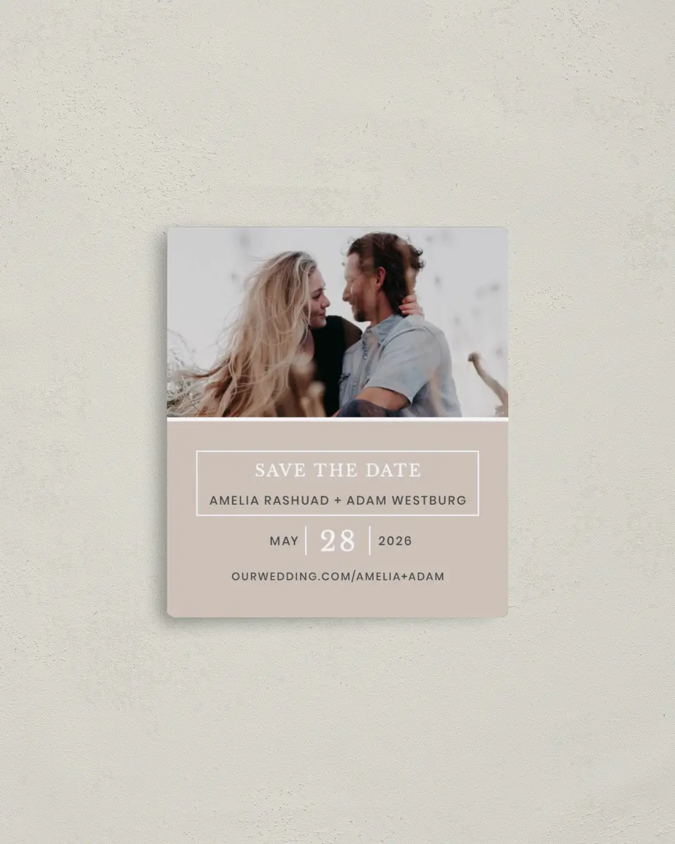 This is a 3½" x 4" Save the Date Magnet called Sweetly Cozy printed in full color with a Luxe Satin finish