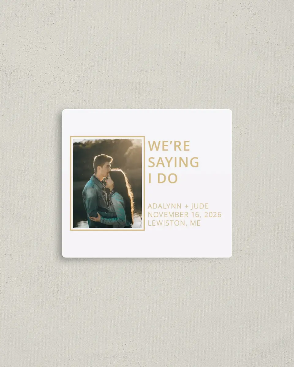 This is a 3½" x 4" Save the Date Magnet called We're Doing It printed in full color with a Luxe Satin finish