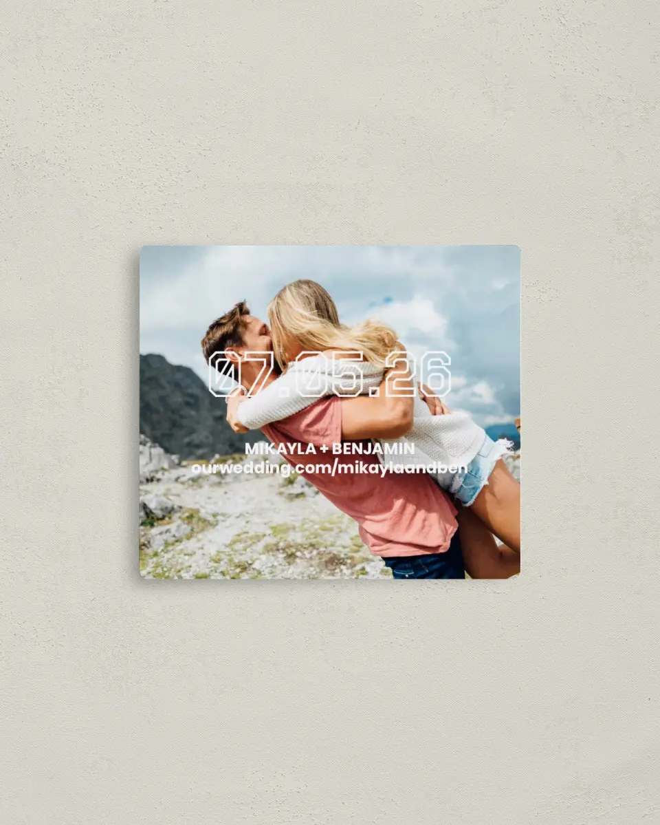 This is a 3½" x 4" Save the Date Magnet called Blocked Date printed in full color with a Luxe Satin finish