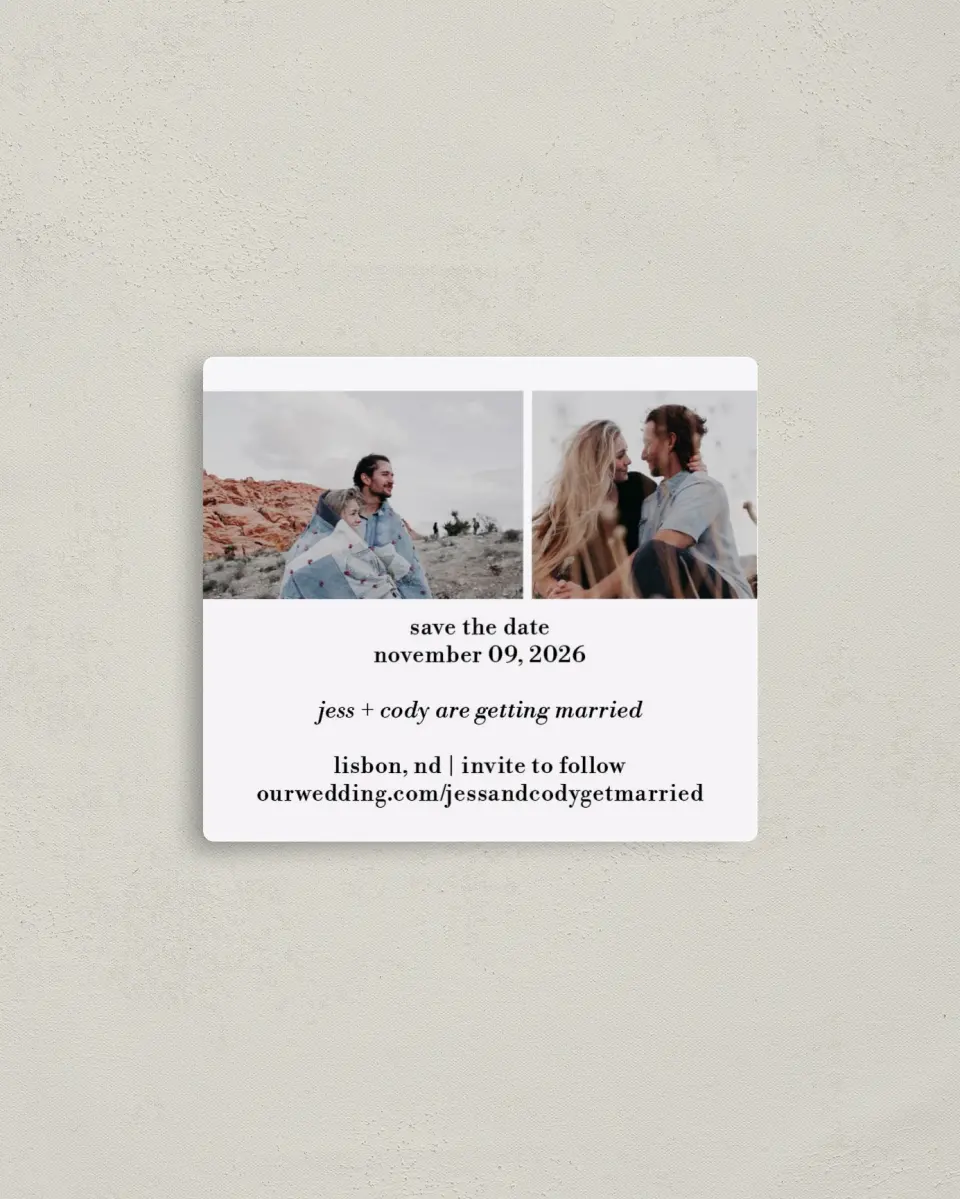 This is a 3½" x 4" Save the Date Magnet called Soon to be We printed in full color with a Luxe Satin finish