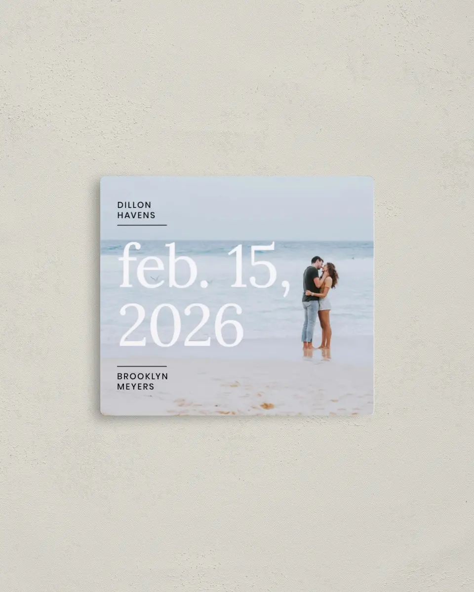 This is a 3½" x 4" Save the Date Magnet called Daydreams printed in full color with Rose Gold foil and a Luxe Satin finish