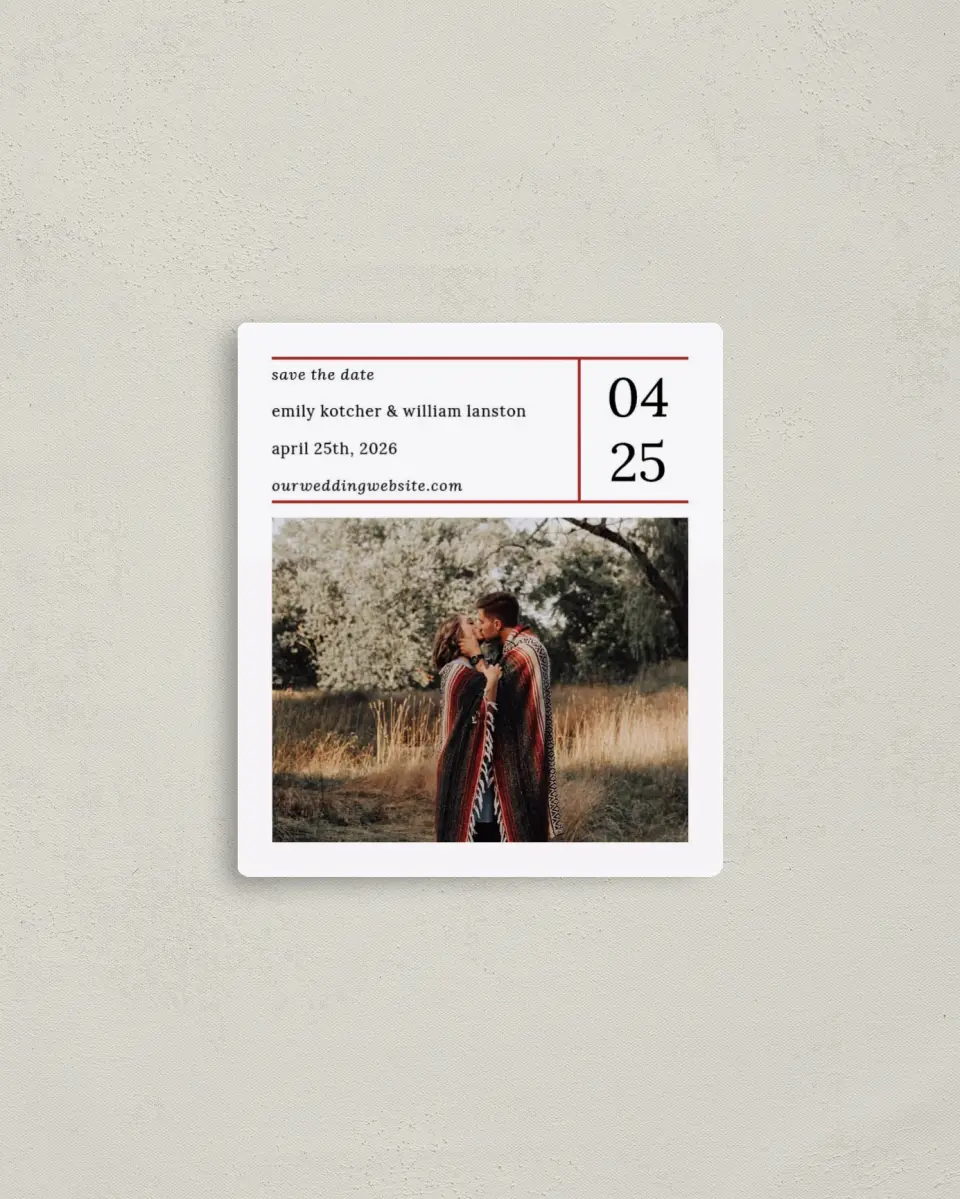 This is a 3½" x 4" Save the Date Magnet called Measure of Love printed in full color with Rose Gold foil and a Luxe Satin finish