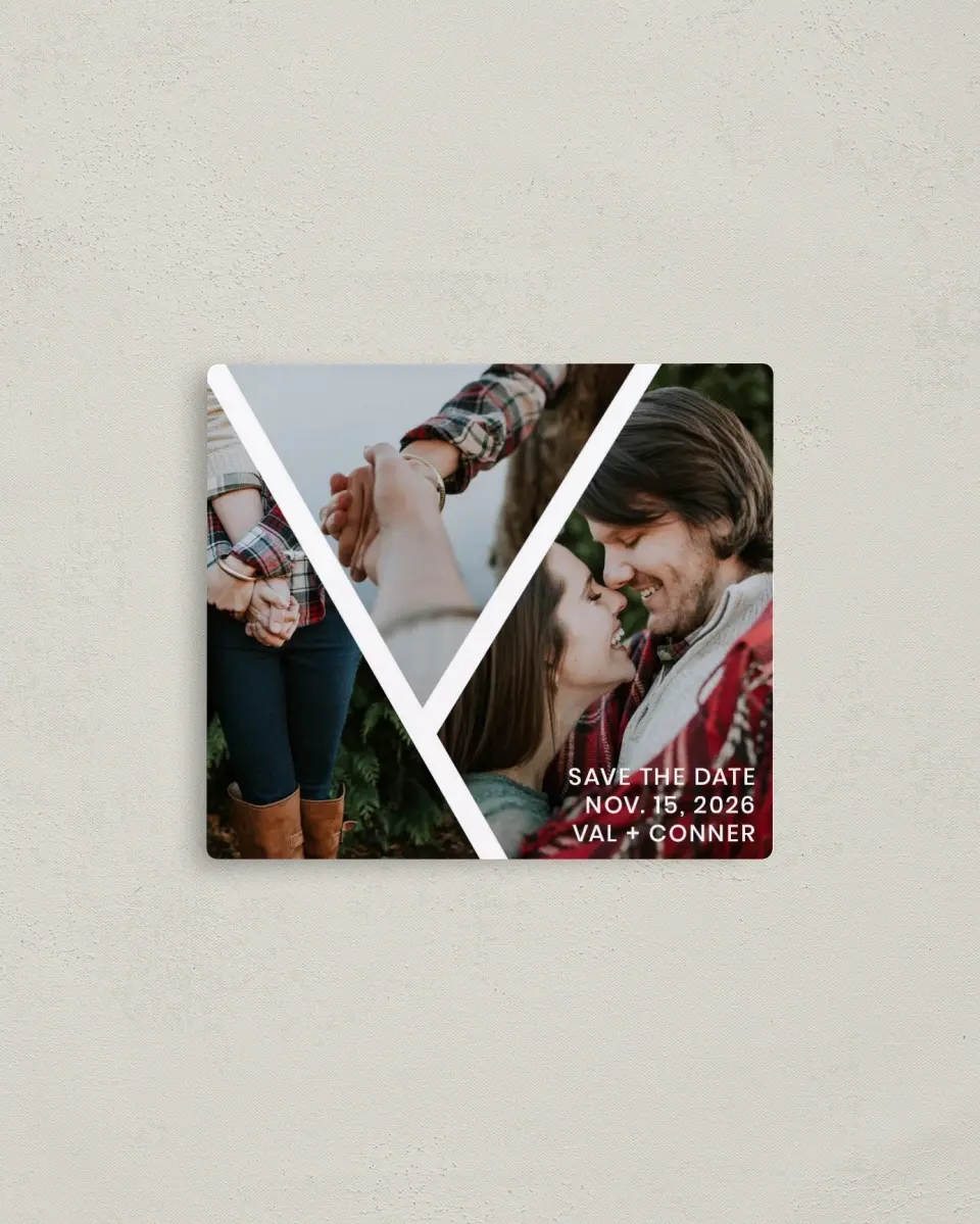 This is a 3½" x 4" Save the Date Magnet called Criss Cross Crush printed in full color with a Luxe Satin finish