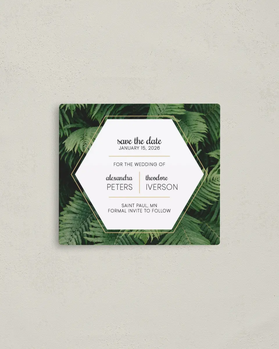 This is a 3½" x 4" Save the Date Magnet called Simply Striking printed in full color with a Luxe Satin finish
