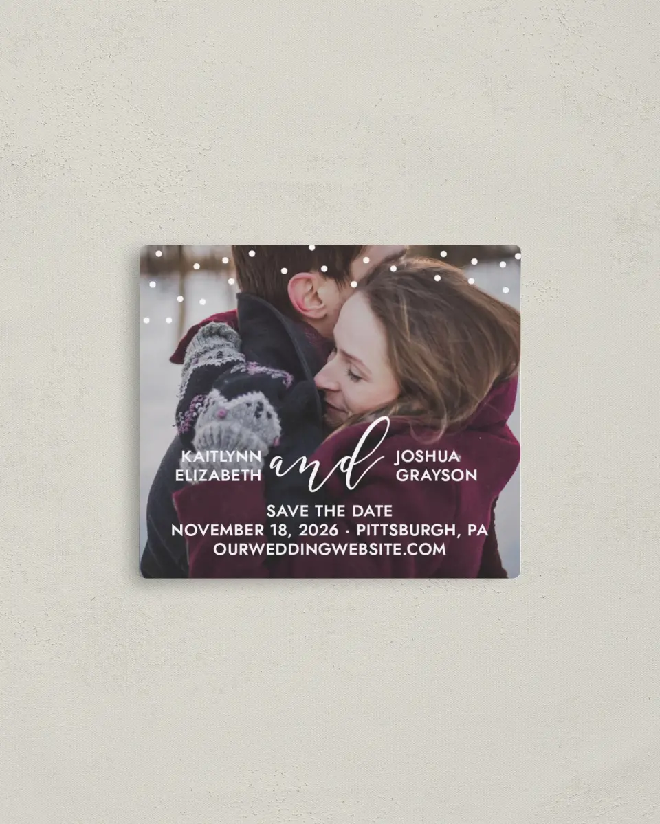 This is a 3½" x 4" Save the Date Magnet called Brushed Confetti printed in full color with a Luxe Satin finish