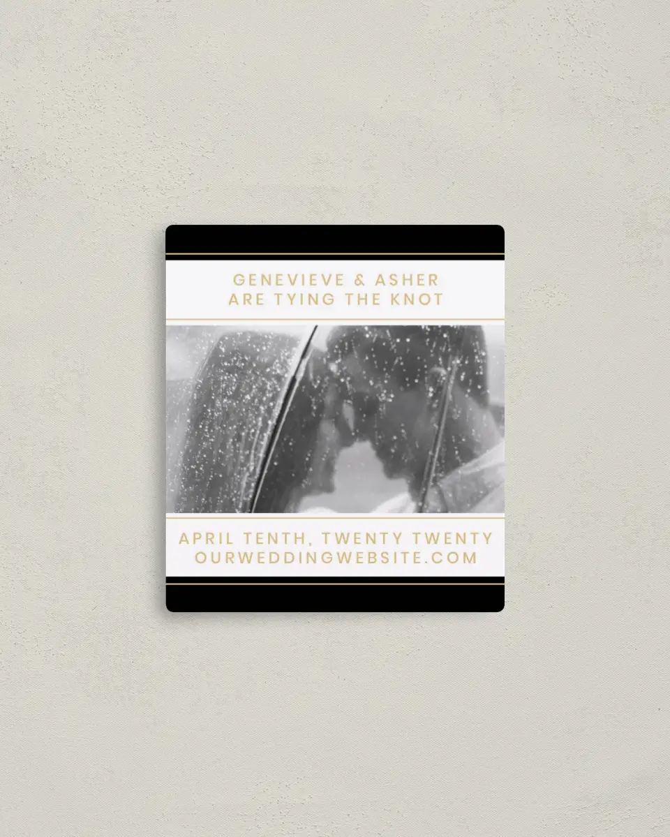 This is a 3½" x 4" Save the Date Magnet called Bold Intrigue printed in full color with Rose Gold foil and a Luxe Satin finish