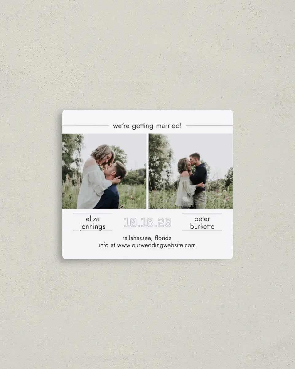 This is a 3½" x 4" Save the Date Magnet called Happy Tracks printed in full color with a Luxe Satin finish