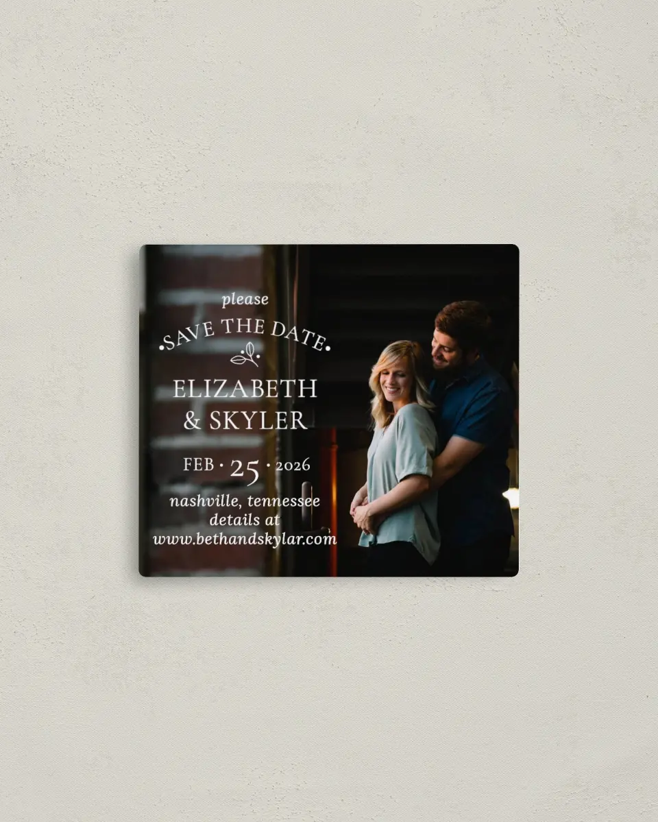 This is a 3½" x 4" Save the Date Magnet called Whimsy Romance printed in full color with a Luxe Satin finish