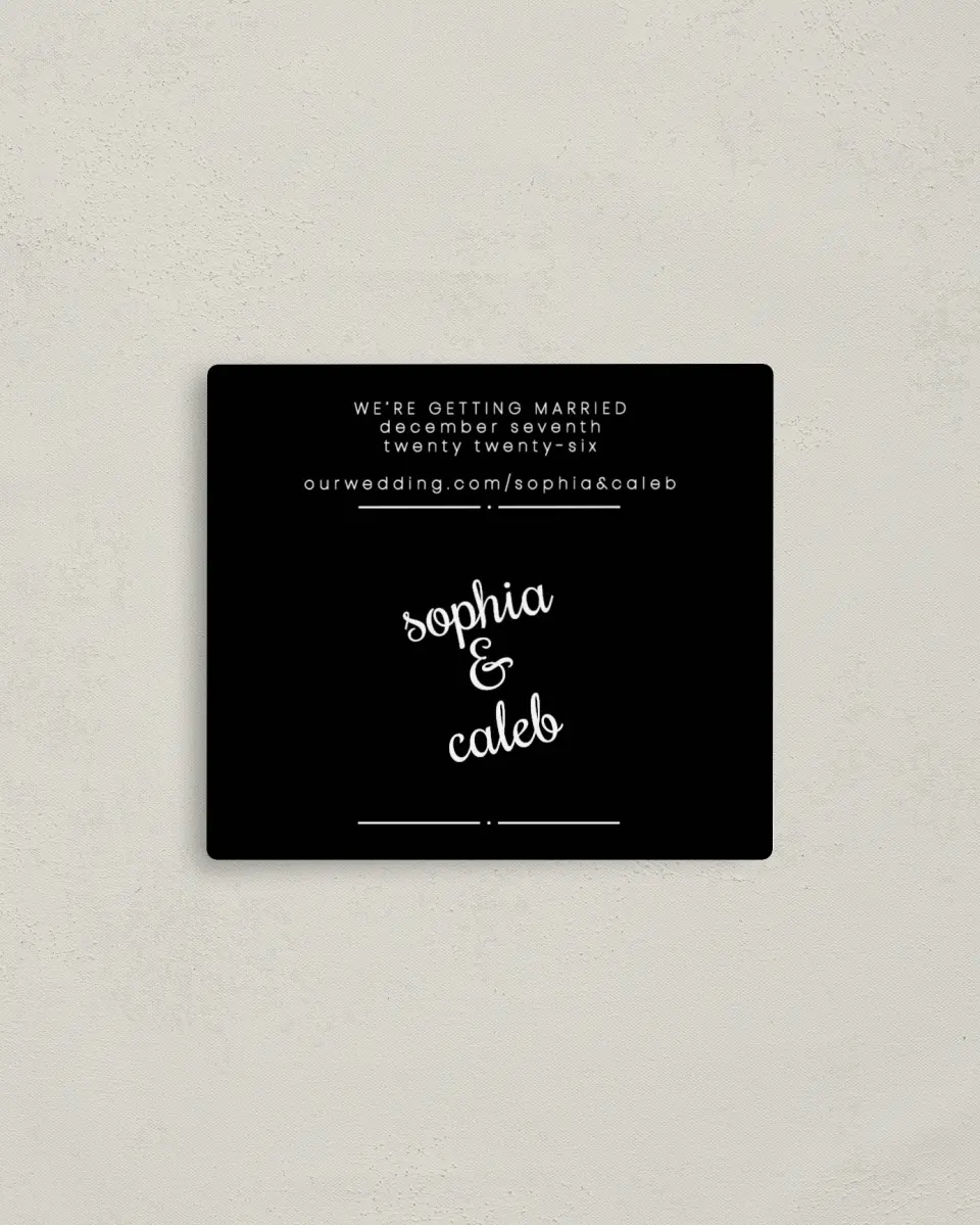 This is a 3½" x 4" Save the Date Magnet called Sweetly Scripted printed in full color with a Luxe Satin finish