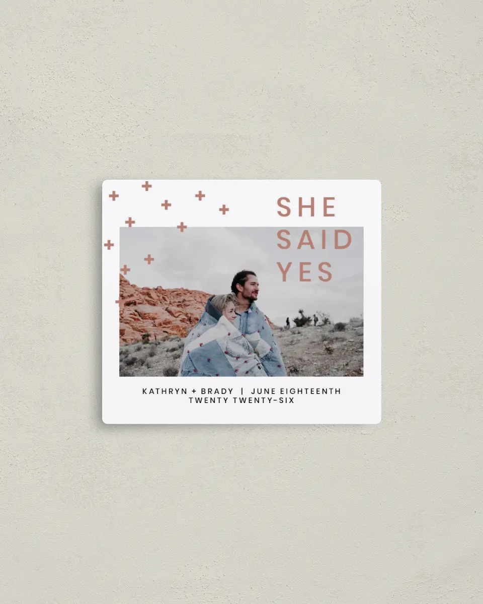 This is a 3½" x 4" Save the Date Magnet called You + Me printed in full color with a Luxe Satin finish