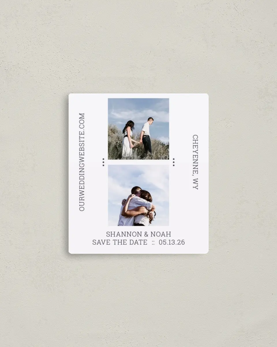 This is a 3½" x 4" Save the Date Magnet called Only Us printed in full color with Rose Gold foil and a Luxe Satin finish