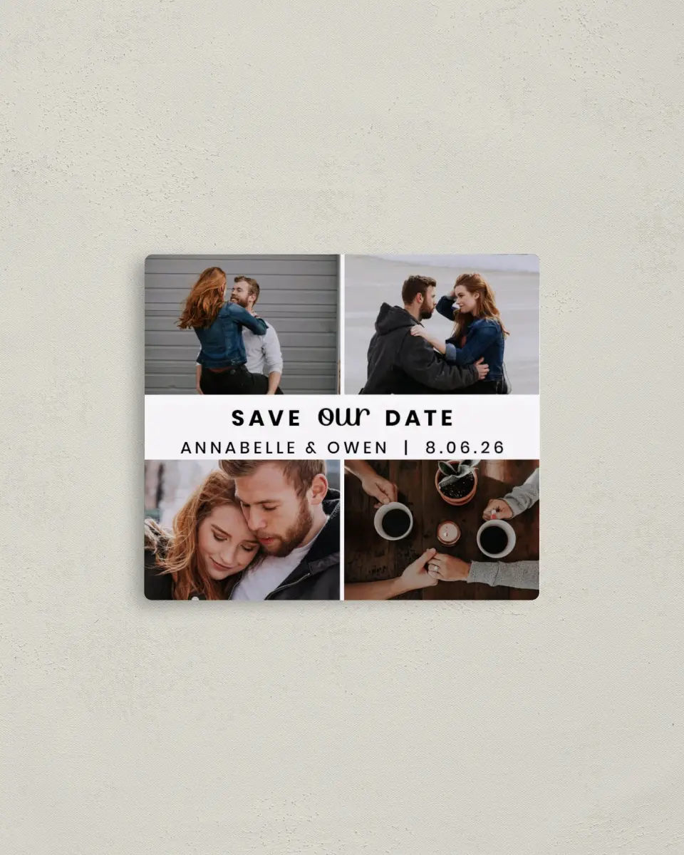 This is a 3½" x 4" Save the Date Magnet called Headliner Love printed in full color with a Luxe Satin finish