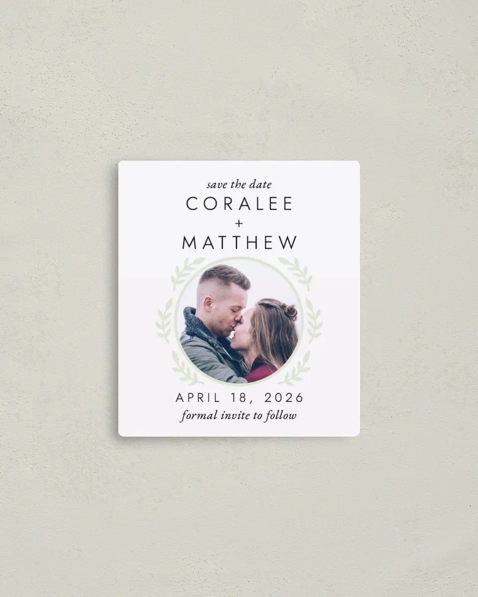 This is a 3½" x 4" Save the Date Magnet called Simply Bliss printed in full color with a Luxe Satin finish